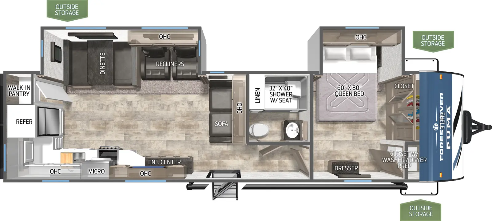 The Puma 30RKQS floorplan has one entry and two slide outs. Exterior features include: metal exterior and 21' awning. Interiors features include: rear kitchen and front bedroom.